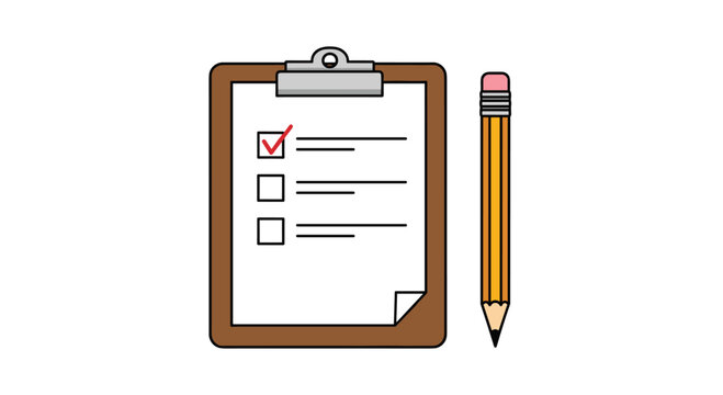 Simple illustration of a brown clipboard containing a checklist with one red checkmark and two empty boxes next to a wooden pencil.