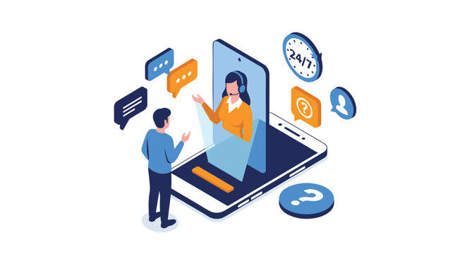 Isometric illustration of a customer support professional appearing on a smartphone screen to assist a man with queries and speech bubbles.