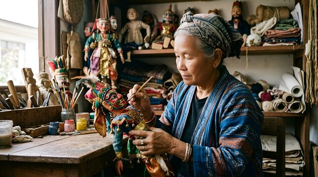 Elderly Asian woman crafting traditional puppets in a workshop, close-up of hands painting details