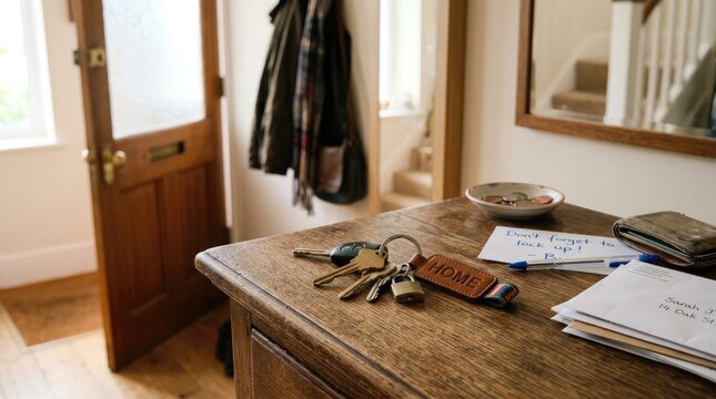 A wooden console table sits in a hallway, displaying keys, a wallet, and a handwritten note. A coat is hung on a coat rack in the background.