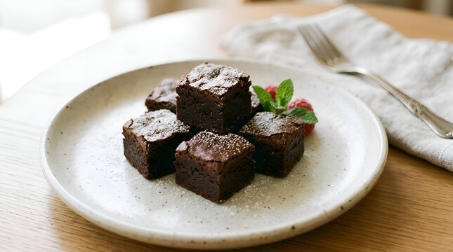 Delicious Chocolate Brownies with Powdered Sugar and Berries