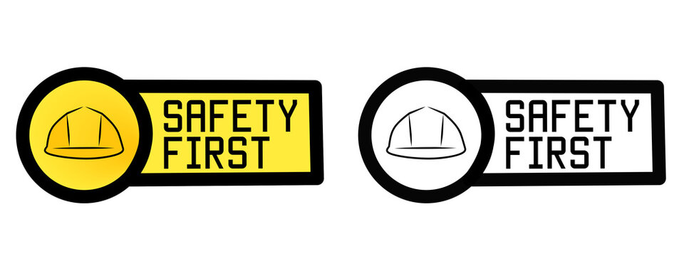 Safety first logo yellow and black features hard hat icon. 