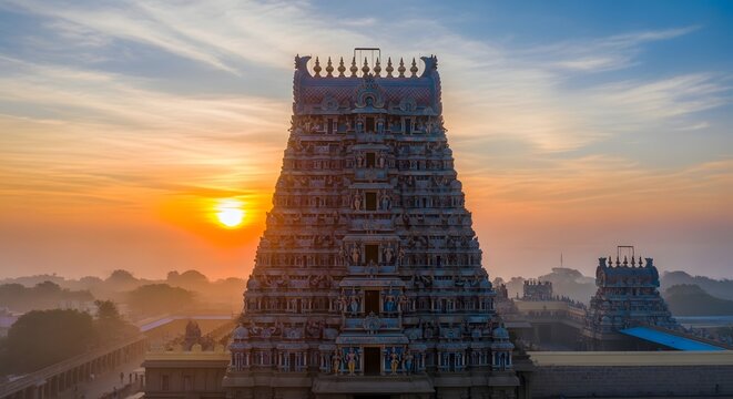 Ornate Ramanathaswamy Temple Gopuram at Golden Sunrise in Rameswaram, Tamil Nadu, India, Sacred Hindu Jyotirlinga Architecture