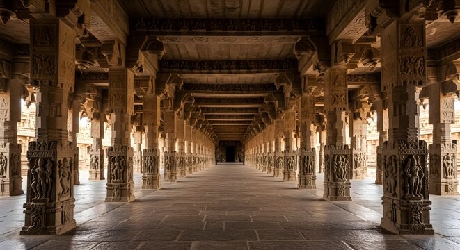 Ornate stone pillars in the long corridor of Ramanathaswamy Temple, Rameshwaram, India, showcasing ancient Dravidian architecture and sacred heritage.