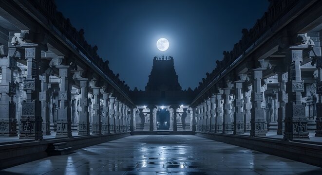 Ancient Ramanathaswamy Temple Corridor at Night under Full Moon in Rameshwaram India