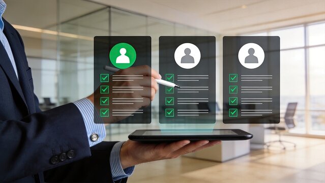 Businessman selecting candidates on digital tablet interface corporate recruitment concept HR manager reviewing applicant profiles modern office background professional hiring