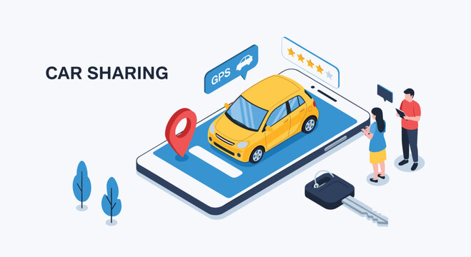 Modern isometric concept of car sharing and rental apps showing a yellow car on a smartphone screen with ratings and a key.