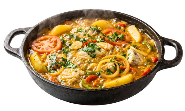 Bubbling Fish Caldeirada Stew Cast Iron Pan White Fish Tomato Slices Onion Rings Potato Yellow Broth Cilantro Green Pepper Steam Traditional Brazilian Seafood Isolated Transparent Background
