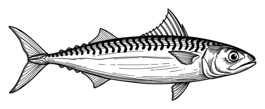 Hand drawn mackerel fish line drawing for seafood packaging restaurant menu or fishing hobby marketing