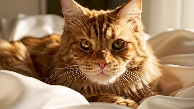 Gato Maine Coon naranja descansando sobre s&aacute;banas de seda blancas, mirada curiosa, iluminaci&oacute;n c&aacute;lida matutina. Ideal para contenido de mascotas y hogar en el D&iacute;a de la Madre.