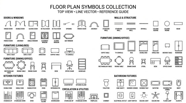 Collection of architectural floor plan symbols and reference guide.