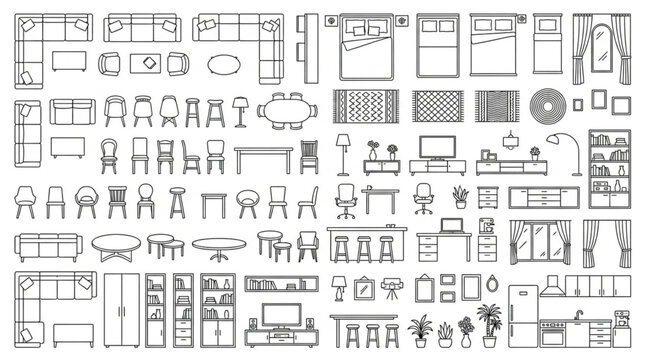 Collection of Architectural Furniture and Fixture Symbols for Floor Plans.