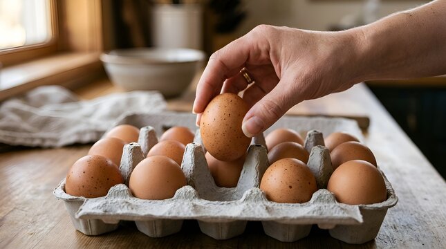 Hand selecting a brown egg from a carton on a wooden kitchen counter