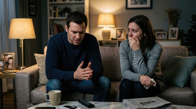 A distraught couple sits on a couch in a dimly lit living room. The man, appearing to be in his late 30s, with dark hair and a serious expression, clutches his hands together.