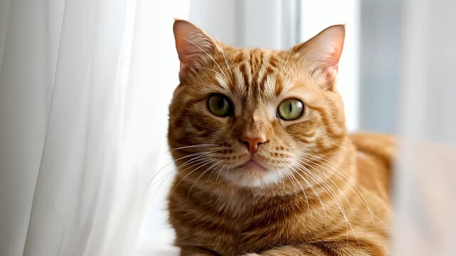 Gato atigrado naranja mirando a c&aacute;mara junto a ventana con luz natural. Retrato de mascota dom&eacute;stica para campa&ntilde;as de D&iacute;a de la Madre, bienestar animal y hogar acogedor.