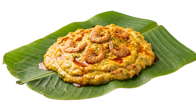 Creamy Traditional Bahian Vatapa Yellow Shrimp Paste Dried Shrimp Topping Dende Palm Oil Drizzle Served Fresh Green Banana Leaf Brazilian Bahia Food Isolated Transparent Background