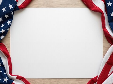 American flag border on a blank white paper on a wooden background