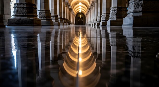Stone pillars in an ancient Indian temple corridor with marble reflection