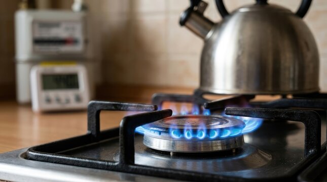 A gas stove burns with blue flames on its burner. A stainless steel kettle sits on the stovetop.