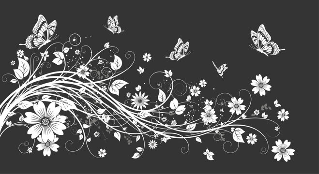 Intricate white floral pattern with vines, flowers, and butterflies creates a striking contrast against a dark grey background.