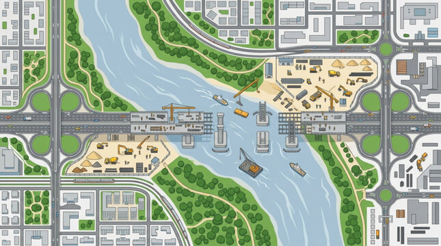Aerial view of a city with a river and bridge.