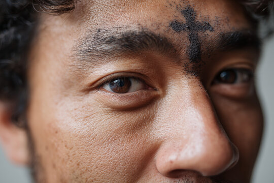 Ash Wednesday cross on forehead close up Christian faith repentance and spiritual reflection