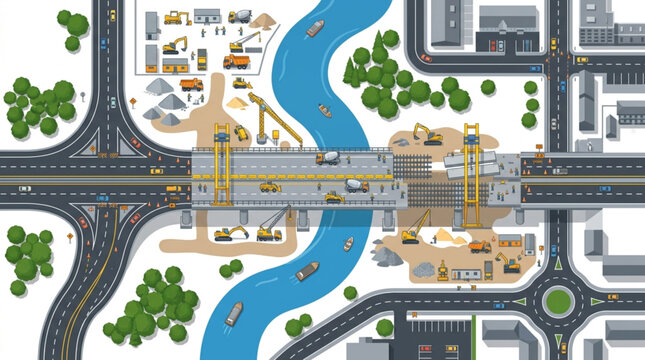 Aerial view of a large bridge construction project over a river.