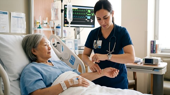 Nurse Checks Patient's Pulse in Hospital Room