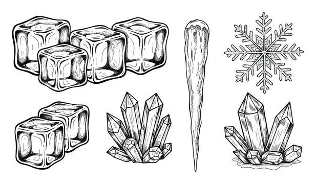 Assortment of sketch ice cubes, sharp icicle, detailed snowflake, and natural crystal formations for winter themes and cool temperature visuals