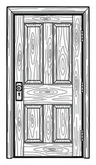 Obraz premium Classic wooden panel door featuring a detailed doorknob and keyhole ideal for architectural blueprints or interior design concepts