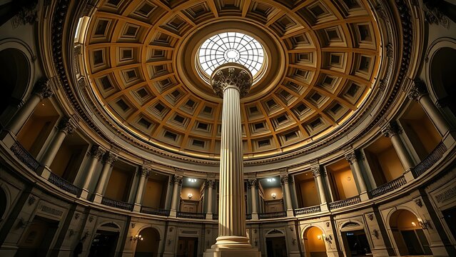 rotunda. A grand circular hall with a central column and domed ceiling, dramatic interior lighting. real-estate listings.
