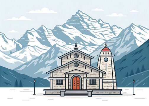 Vector minimal Kedarnath Temple snowy peaks   