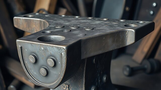 anvil. Heavy blacksmith anvil with hammer marks, metal texture in workshop setting. safety posters, maintenance manuals, designed for industrial assembly lines and welding operations.