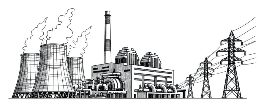 Industrial power plant featuring cooling towers and electricity pylons suitable for energy themed layouts