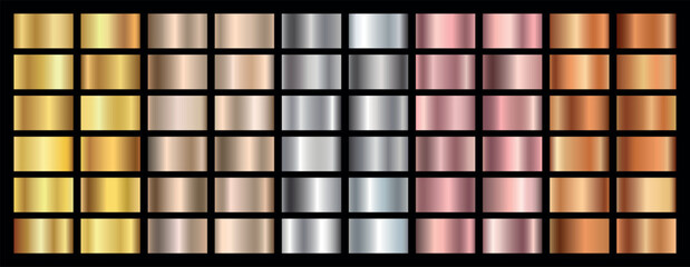 Metallic Gradient Swatches Collection: Gold, Silver, Rose Gold, Copper, and Bronze Textures. Assorted Metallic Texture Gradients flat vector illustration.  © Surajkalangada