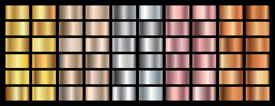 Metallic Gradient Swatches Collection: Gold, Silver, Rose Gold, Copper, and Bronze Textures. Assorted Metallic Texture Gradients flat vector illustration. 