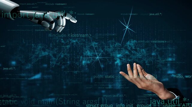 A stunning visual of a robotic hand reaching toward a human hand, set against a backdrop of digital code, representing the concept of AI and human collaboration in the tech world. Xenic