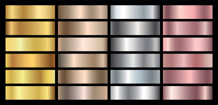 Metallic Gradient Swatches Collection: Gold, Silver, Rose Gold and Bronze Textures. Assorted Metallic Texture Gradients flat vector illustration. 