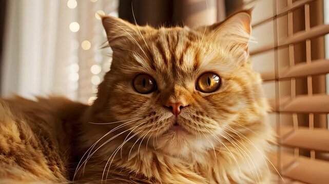 Gato persa naranja abriendo los ojos junto a ventana soleada, mascota esponjosa en ambiente acogedor, ideal para publicidad de mascotas y regalos del D&iacute;a de la Madre.