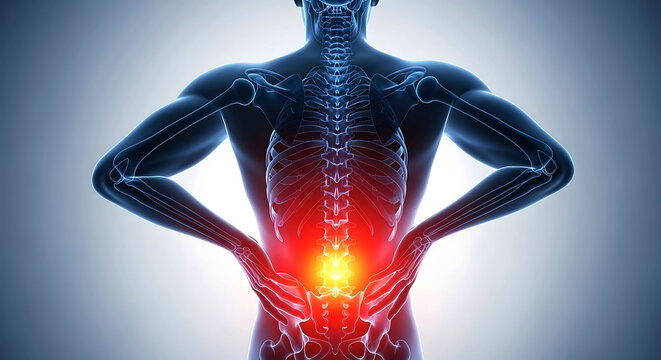 Human skeleton back view with highlighted red lower back pain area 3d illustration