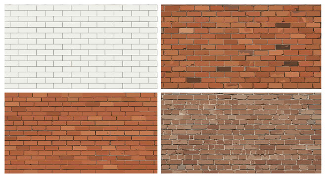 Set of four realistic brick wall textures in different shades including white red and brown for architectural backgrounds.