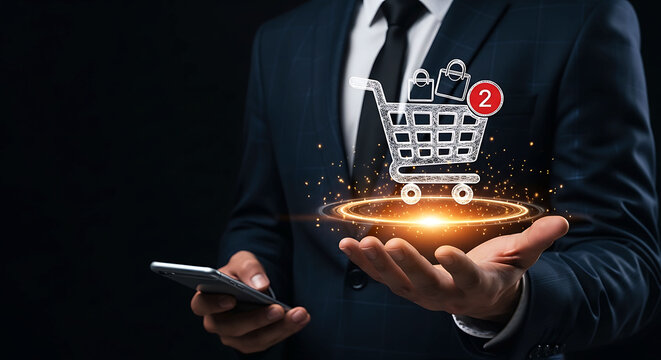 Businessman holding virtual shopping cart icon for ecommerce and online retail