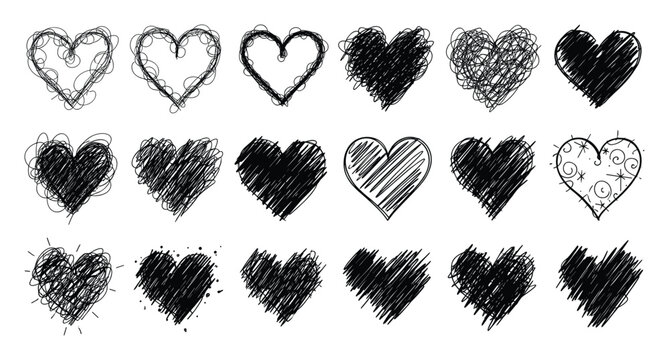 Set of hand drawn scribble hearts representing love and romance for Valentines Day messages