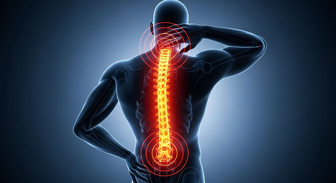 Human Spine Anatomy with Back and Neck Pain Areas in Red 3D Render
