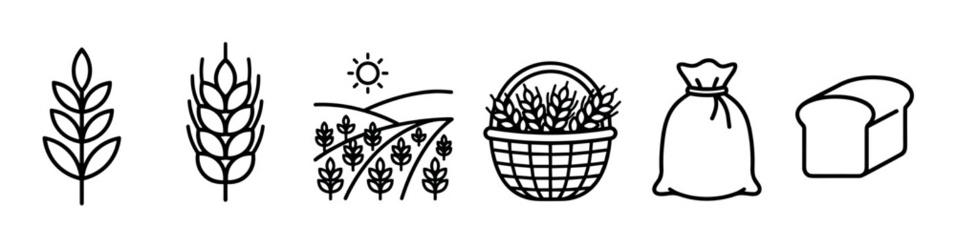 Set of black line art icons depicting the bread production process from farm to table, including wheat ear, grain field, harvest basket, flour sack, and a fresh loaf