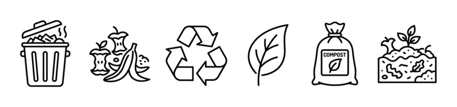 Set of six black line art icons for composting and recycling, depicting a trash bin, food scraps, eco symbol, leaf, compost bag, and fertile soil with a sprout