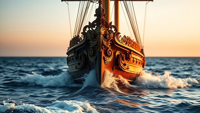 prow. Ornate carved prow of a sailing ship cutting through ocean waves at dawn. mobility guides, transit brochures, designed for transport & logistics marketing, improves user orientation.