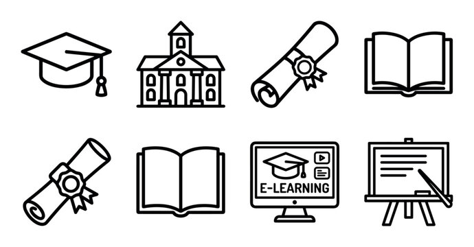Black outline icon set for e-learning and higher education, featuring a graduation cap, diploma scroll, university, book, computer screen, and a presentation board for academic concepts