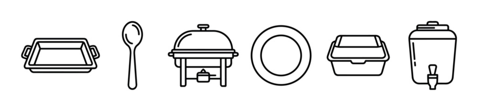 Catering equipment and buffet service icon set featuring a chafing dish, food warmer, beverage dispenser, plate, spoon, and serving tray in a minimalist black line art style