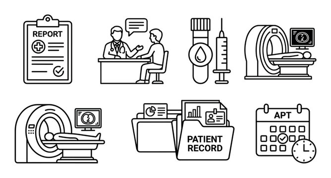 Set of black line medical icons for healthcare services, including doctor consultation, MRI scan, blood test, patient record, medical report, and appointment scheduling